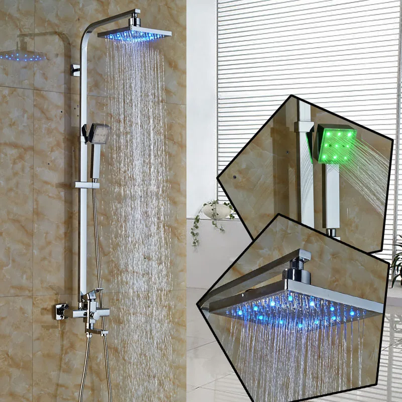 

Polished Chrome In-wall Shower Panel Rain 8" Shower Facuet with Rotate Tub Spout led Color Changing Shower Mixers
