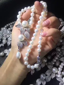 شراءطقم مجوهرات لؤلؤ طبيعي من المياه النقية قلادة قلادة و طقم من الحلقان 925 فضة مع مكعب الزركون ليف موضة ستايل