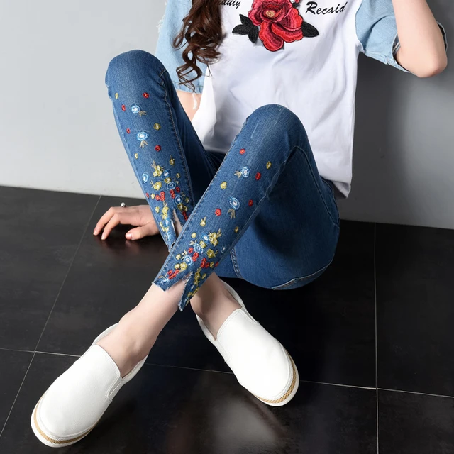 New Embroidery Jeans Female Summer Style Fashion Embroidery Was Thin  Stretch Ankle-Length Pants Elasticity Small Jeans Women