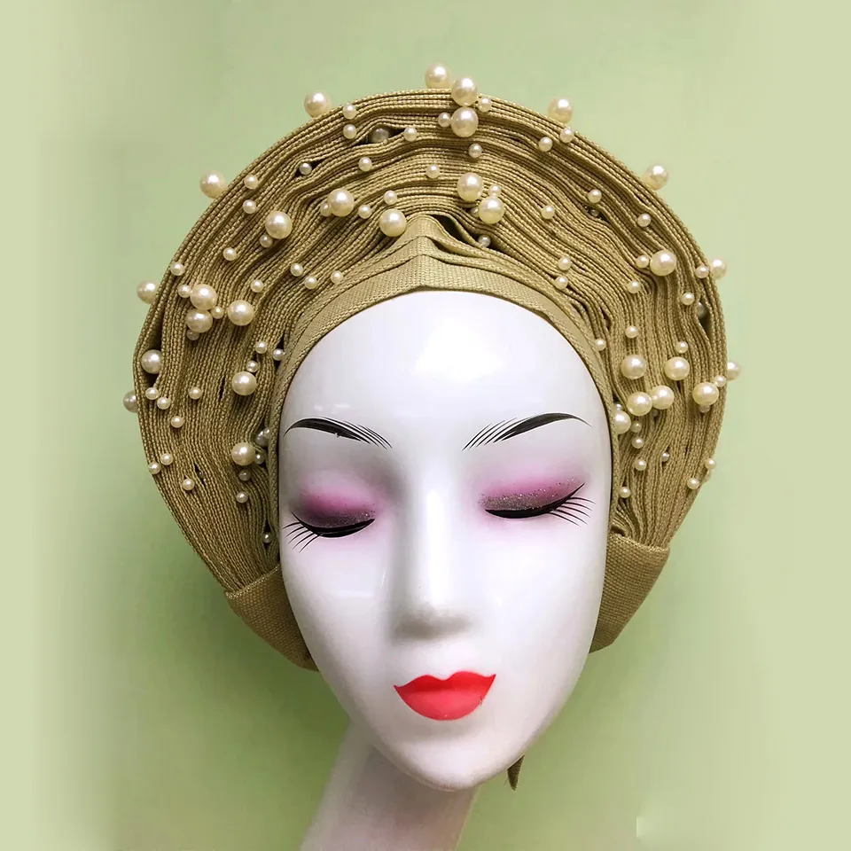

Nigeria Beautiful Headtie afro GELE Headscarf already made African Traditional ASO OKE For Women Beige MONA-2
