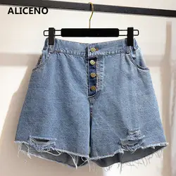 ALICENO 6XL-2XL 100 кг Canwear летние женские средней талии светло-голубые повседневные джинсы шорты с ширинкой на пуговицах прямые отверстия женские