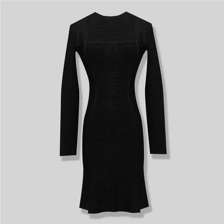 Top Quality Long Sleeve Black Rayon Thick Bodycon Bandage Dress Elegant