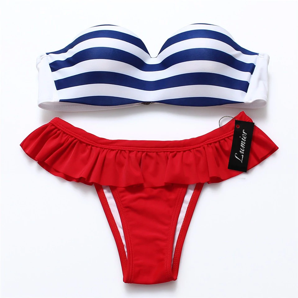 Lumier New Arrivals Woman Push Up Swimwear Sexy Strapless Off Shoulder Swimming Suits Separate Stripe Bikini Set WT34141