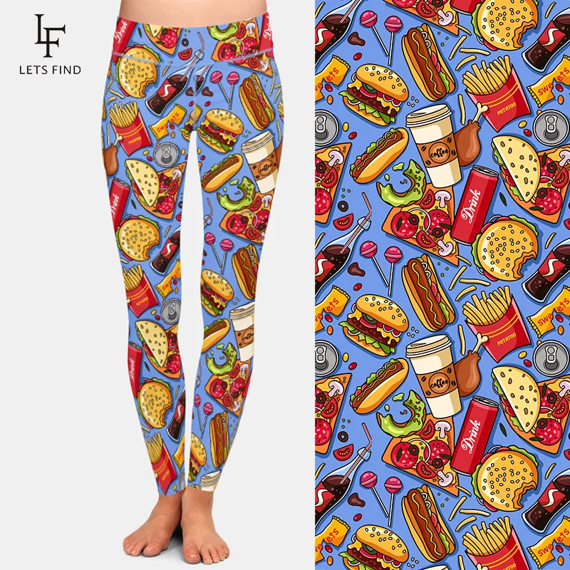 LETSFIND Leggings Fashion New Hot Women's Cola Burger Fries Digital Print Pants High Waist Trousers Stretch Leggings Plus Size tiktok leggings amazon