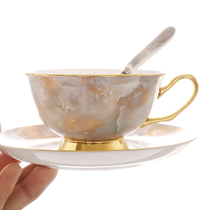 

Exquisite marble stone texture coffee cup Beautiful pastoral painted gold ceramic coffee cup Afternoon tea cups