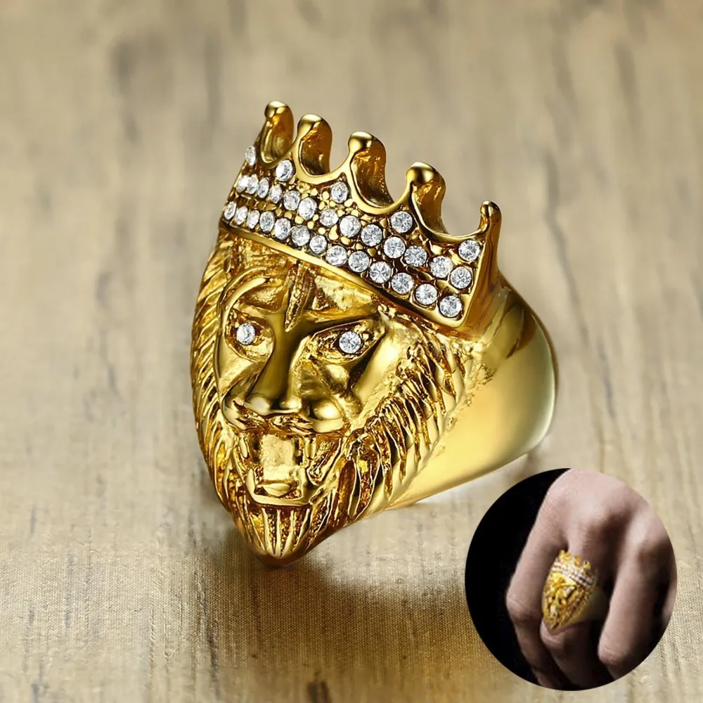 Men's Hip Hop Gold Tone Roaring King Lion Head and Crown CZ Ring for