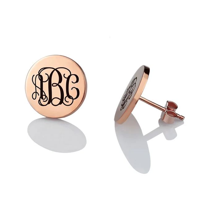 Personalized Monogram Stud Earrings Rose Gold Color Circle Engraved Personalized Monogram Stud Earrings Rose Gold Color Circle Engraved Initial For Women Best Gift