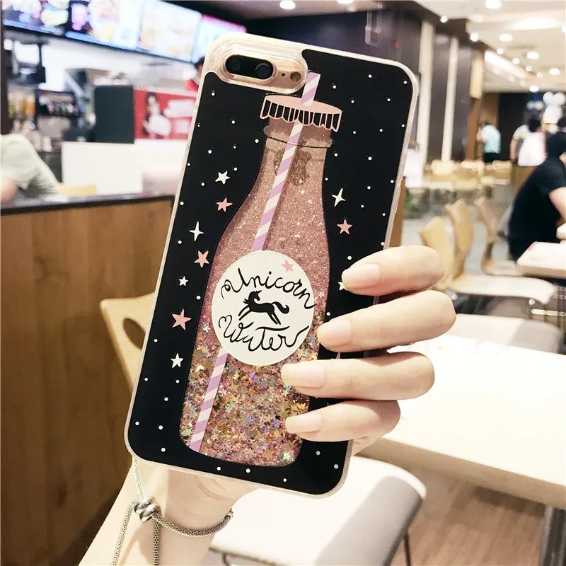 Drink bottle Unicorn quicksand Case for iphone X 7 7Plus Dynamic liquid glitter Case For iphone 6 6s  6Plus 8 8plus
