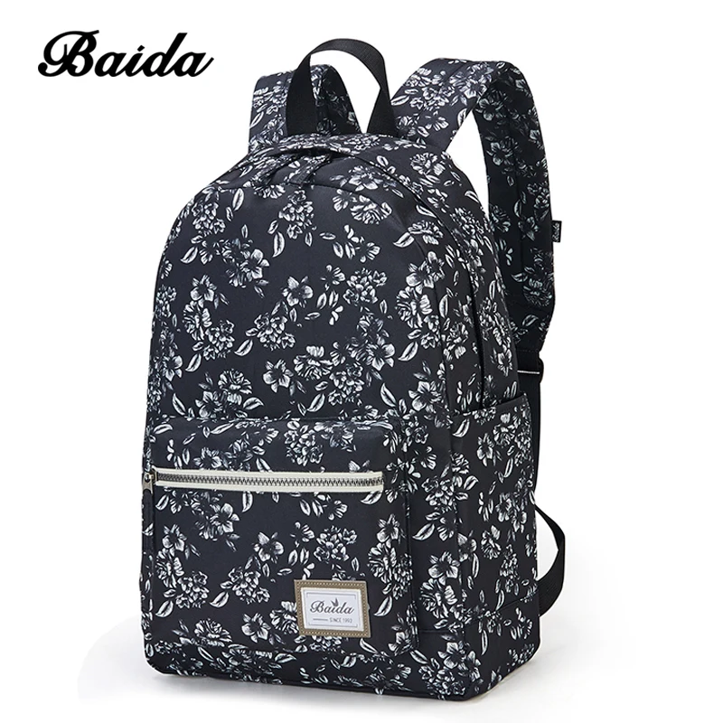 BAIDA Fashionable Black Floral Print Backpack Flower Pattern Women Back Pack School Bookbag font b Bags