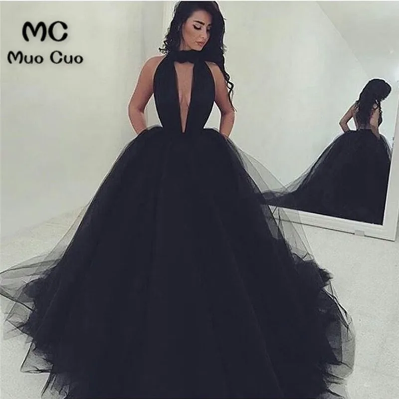 Simple black tulle backless long evening dress, long tulle party dress44