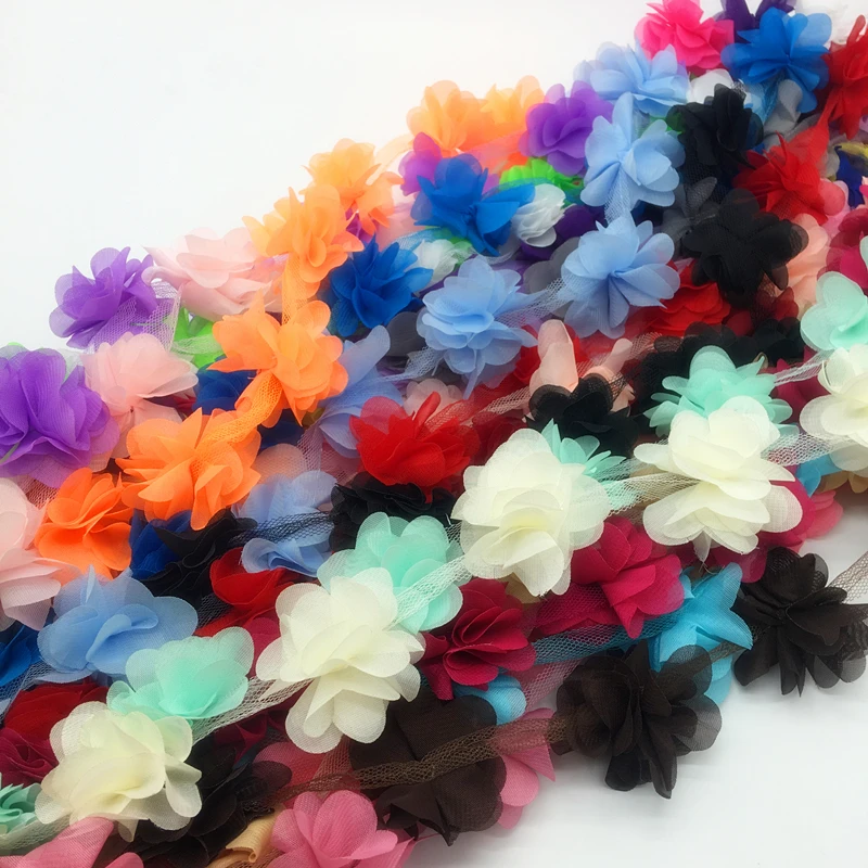 Lace Sewing Supplies (1Yard 13pcs) 3D Chiffon Cluster Flowers Wedding Dress Bridal Fabric Lace Trim Fabric DIY Applique Trimming