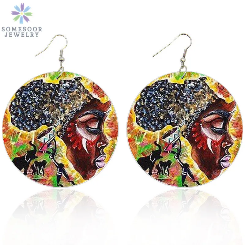 

SOMESOOR Afro Tribal Ethnic Art Headwrap Woman Wood Drop Earrings African Motherland Map Both Sides Printing Dangle Jewelry Gift