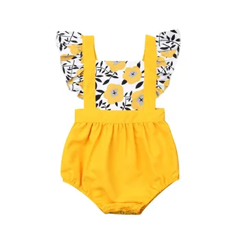 

Summer Flower baby One piece set Fashion Fly sleeve romper jumpsuit Ruffle Cute Babe Girls Infant 3-24M Yellow costume outfit