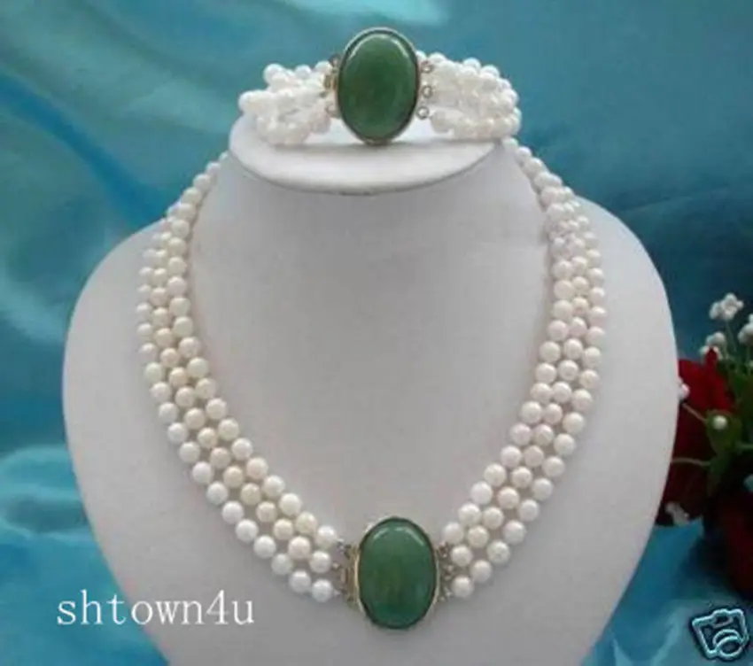 

Wholesale free shipping >>3Rows 7-8mm White Pearl+jade clasp necklace bracelet