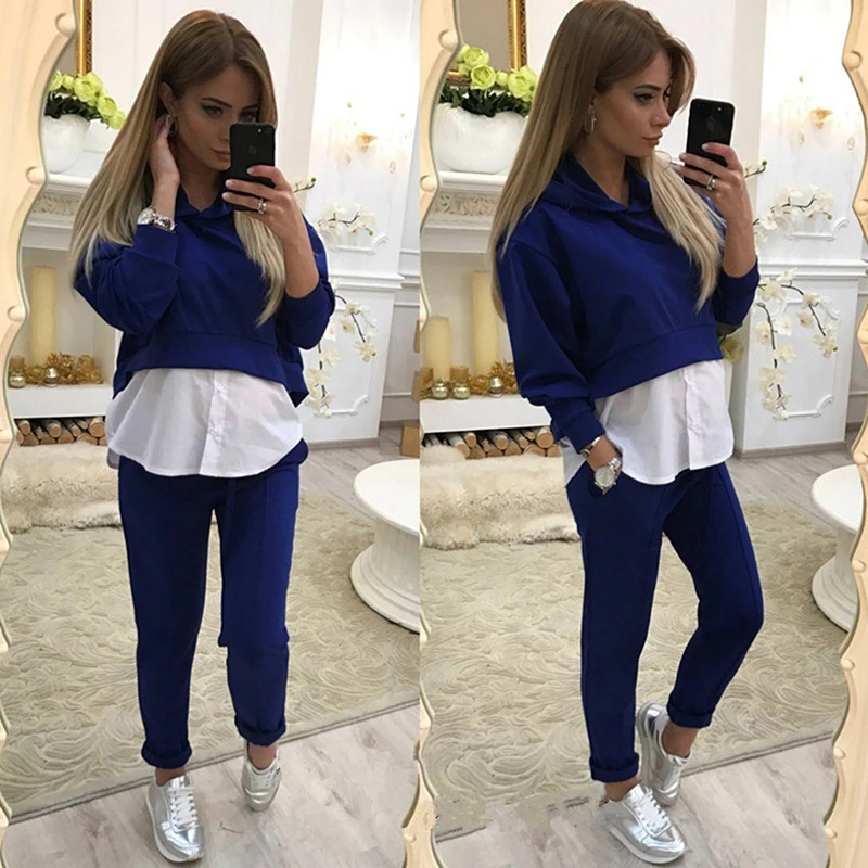 

Women Autumn Spring Hit Color Casual Sportswear Long-Sleeve Hooded Crop Tops +Pants Full Length Suit Femme Sets