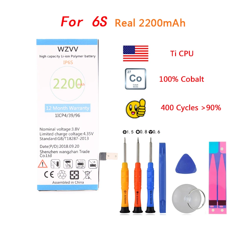 

wzvv 100% Original Battery For iphone 6S Real Capacity 2200mAh work with IOS 11.4/12 With Repair Tools Kit And Battery Sticker