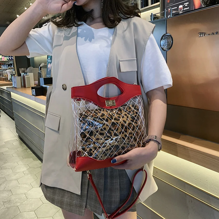 

Fashion Leopard Clear Diamond-pattern Women's Handbags Ladies Transparent Jelly PVC Shoulder Bag Chain Lock Messenger Bag 2019