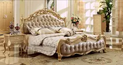 Бесплатная доставка Королевская Шампань Золотая резьба кожаная кровать, King size Европейский стиль мягкая деревянная кровать мастер спальня