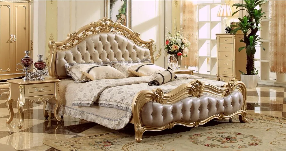 

Free Shipping Royal Champagne Golden Carving Leather Bed, King Size European Style Soft Wood Bed Master Bedroom Bed MB-A019