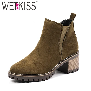 

WETKISS Big Size 33-43 Square High Heels Women Boots 2019 New Round Toe Boot Flock Rubber Lady Shoes Autumn Solid Footwear Black