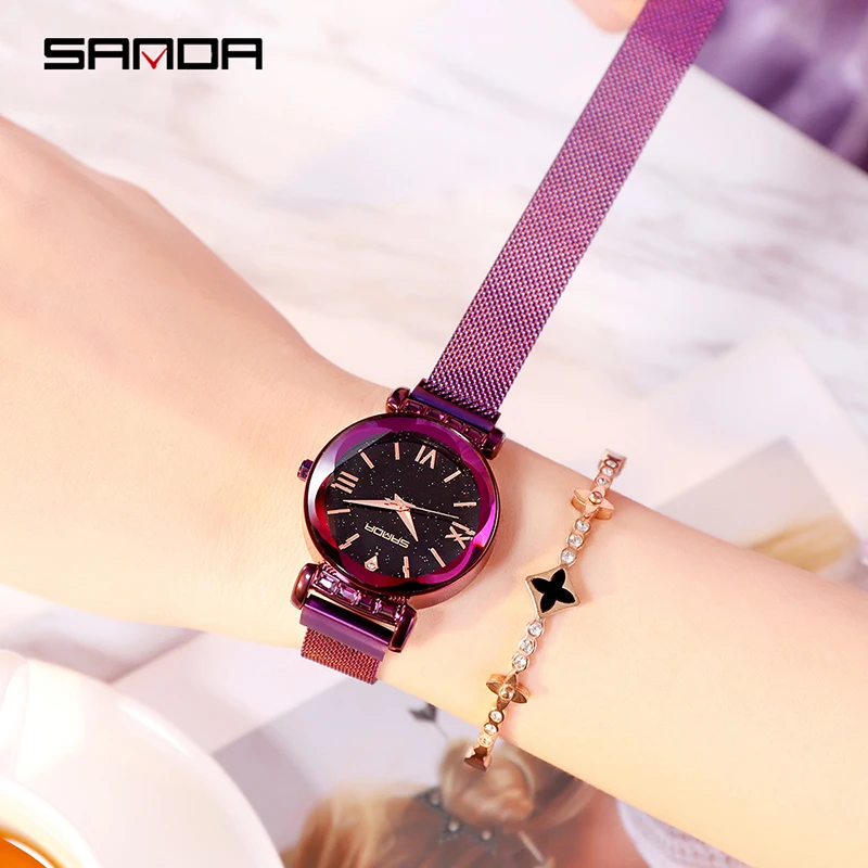 

Women Bracelet Watches Stretch Mesh Ladies Watch Magnet Buckle Starry Diamond Geometric Surface Casual Dress Quartz Wristwatch