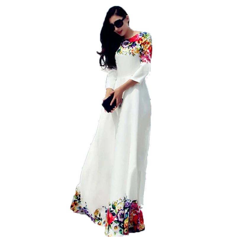 

Floral Print Summer Maxi Dress 2017 Casual Women Chiffon Party Long Beach Dress 2018 Three Quarter Sleeve O-neck Vestidos **