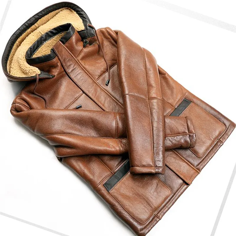 Denny& Dora B3 B6 мужская куртка-бомбер из овчины с капюшоном, съемный коричневый цвет