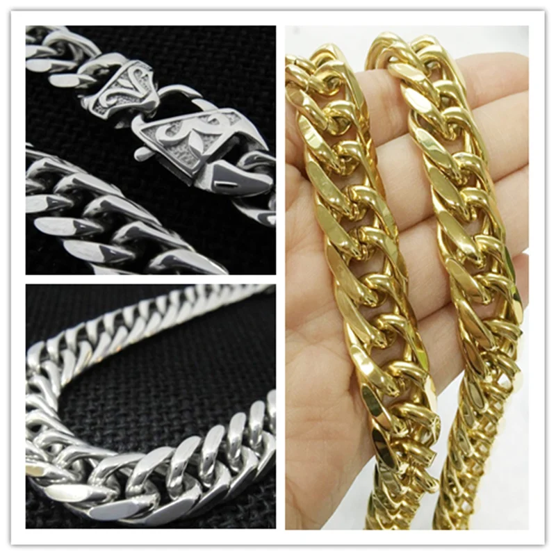 

Heavy Charming 14mm Silver Or Gold Tone 316L Stainless Steel Curb Cuban Chain Mens Boy's Cool Necklace 7-40", Fine Quality