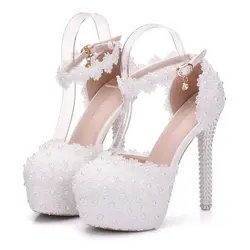 Новые летние белые свадебные туфли с жемчугом, свадебные туфли на шпильке с кружевными цветами, непромокаемые туфли на очень высоком