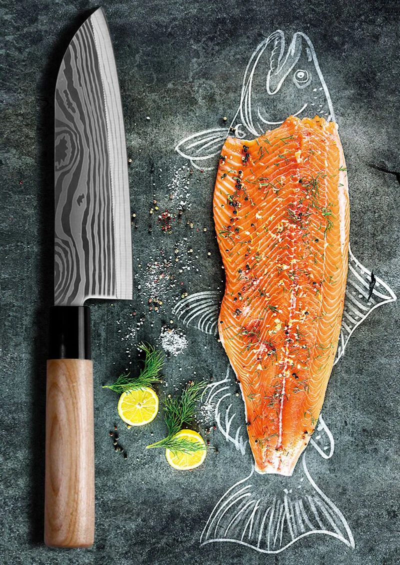 Кухонный нож костюм 4 шт. дамасский узор японские ножи 7cr17 440C сталь острое лезвие Высокоуглеродистый нож Santoku