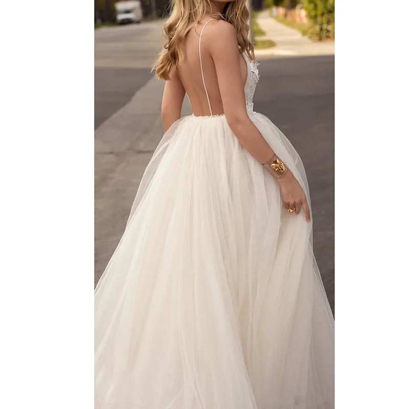 LORIE женские пляжные свадебные платья трапециевидная белая Тюль секси с открытой спиной Аппликация с цветами Свадебные платья