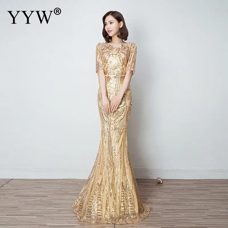 Gold Sequins Luxury Evening Dress Women Slim Elegant Mermaid Long Party Gowns Floral O Neck Sexy Special Occasion Wear For Women