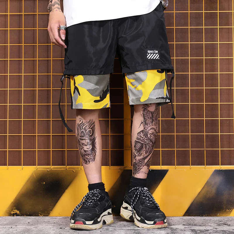 Камуфляжные мозаичные свободные прямые камуфляжные шорты с рисунком tide man хип-хоп поддельные два кружева пять шорт