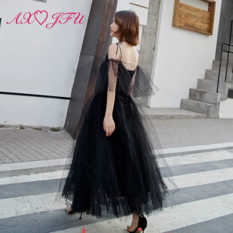 AXJFU роскошный черный кружево вечернее платье Турция принцессы длинные пляжные Винтаж Вечернее платье 100% реальные фотографии