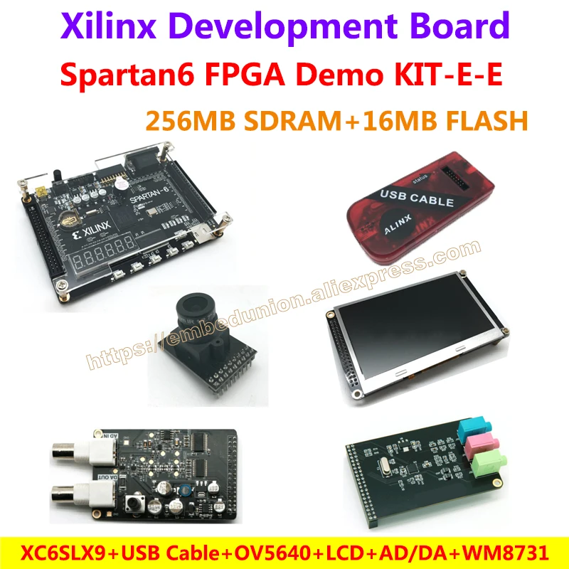 Демонстрационная плата FPGA Xilinx Spartan6 XC6SLX9 (256 м SDRAM) + камера + usb-кабель + 4,3 дюйма ЖК-дисплей + AD/модуль Da + WM8731 аудио модуль = KIT-E-E