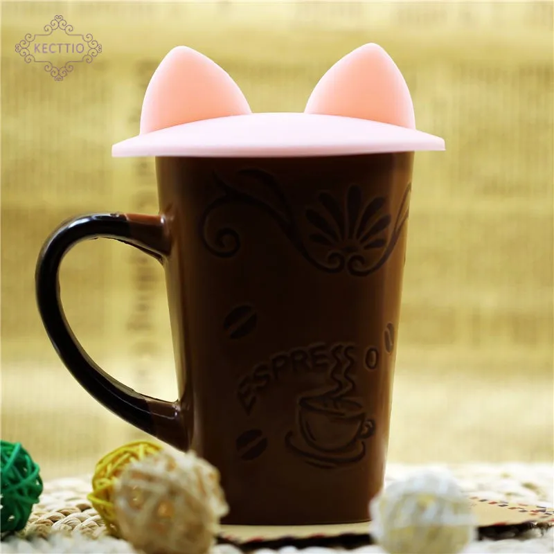 

KECTTIO Creative Cute Cat Ears Silicone Insulation Cover Dustproof Reusable Cup Lid DIY Free Splicing Thermal Seal Cover