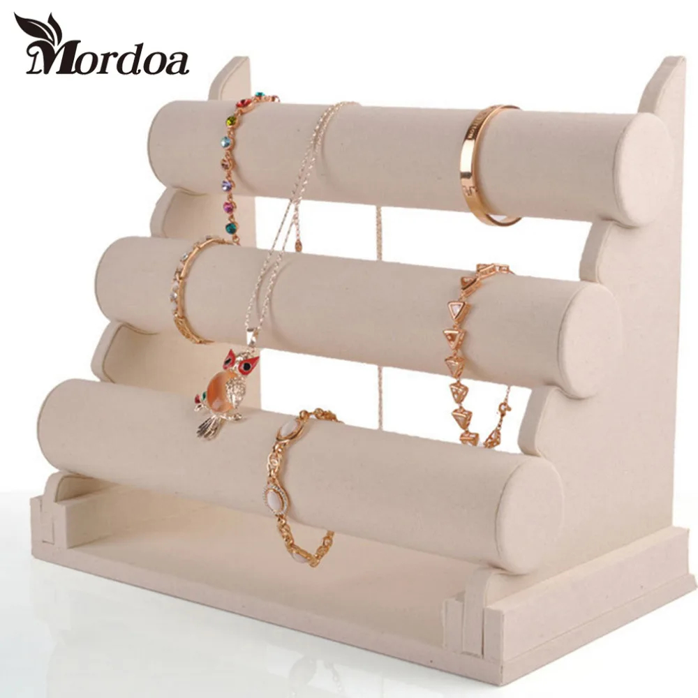 Whole Black Velvet Jewelry Display T Bar 3 Tiers For Watch New Style Fashion 3 Tier Beige Linen Bracelet Chain Watch T Bar Rack Jewelry Organizer