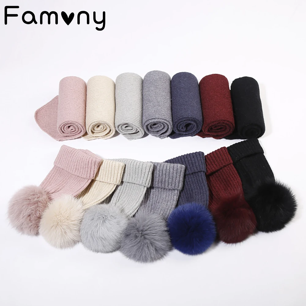 

2pc/set Baby Winter Hat Set with Scarf Neck Blended Warmer Cap for Kids Children Real Fox Fur Ball Warm Snow Cap Christmas Gift