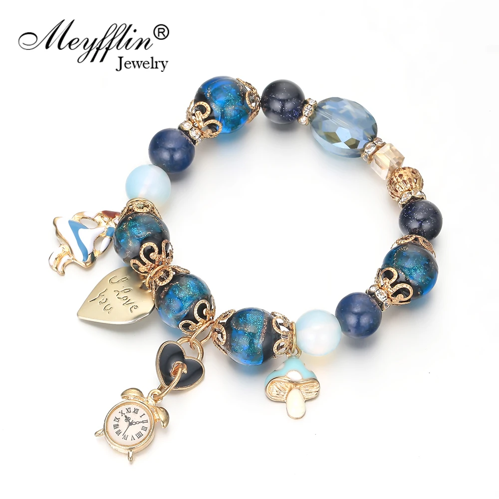 Meyfflin часы кулон бусины браслеты и браслеты для женщин Винтаж с сине-зеленым камнем сердце Шарм Браслет Модные женские ювелирные изделия