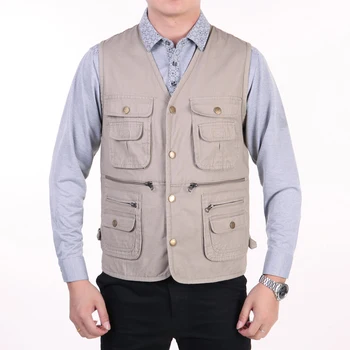 

Man Casual Vest Multi Pockets Design Cotton Waistcoat Male Beige Army Green V-neck Herringbone Vests Men Leisure Gilet Spring XL
