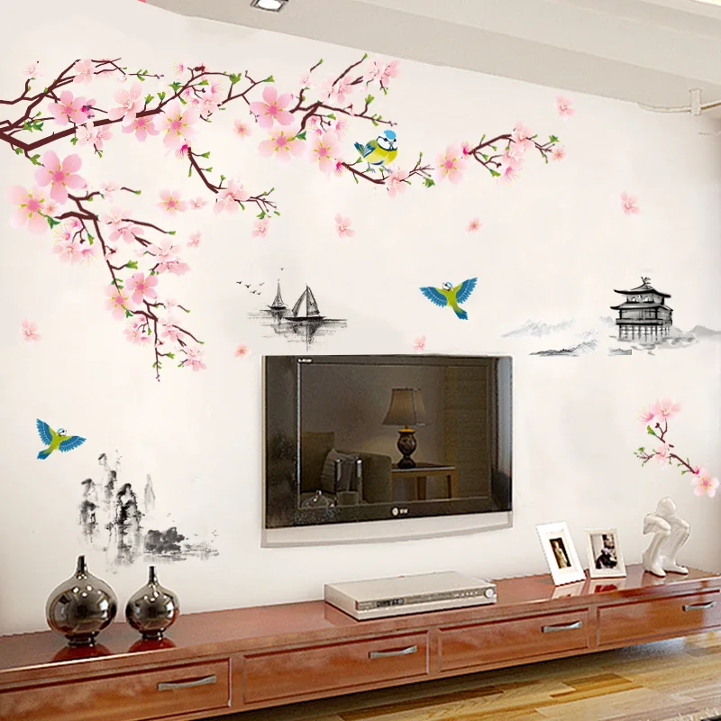 

One Pieces Large Chinese Flower Wall Sticker Peach Blossom On The Wall Stikers Home Decor For Living Room Decoration 60*90cm