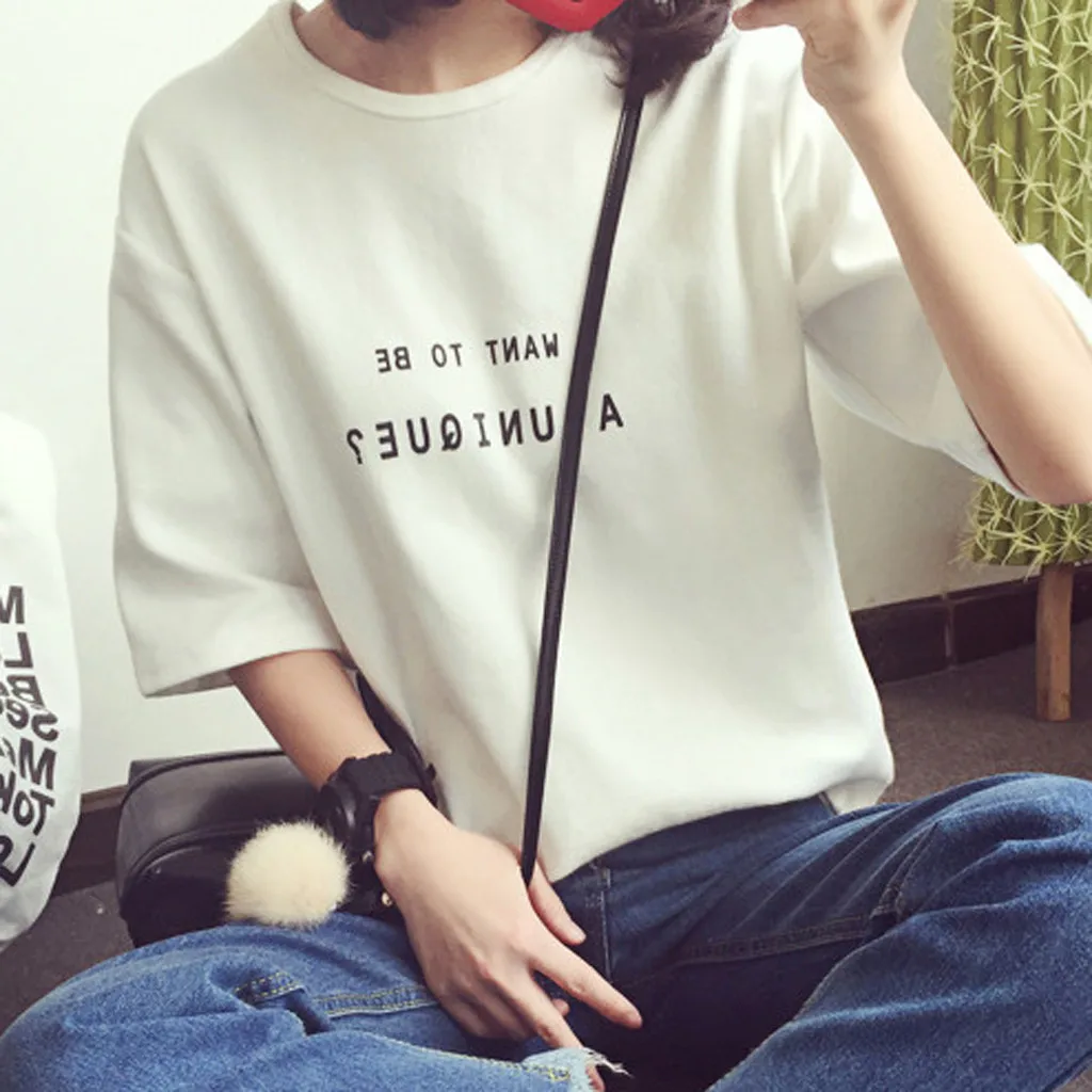 Women Blouse 2019 Womens Ladies Regular Short Sleeve Round Neck Letters  Printing Blouse