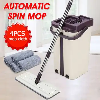 

Flat Squeeze Mop and Bucket Hand Free Wringing Floor Cleaning Mop Wet or Dry Usage 1Set 360° Roatation Automatic Spin Mop Pads