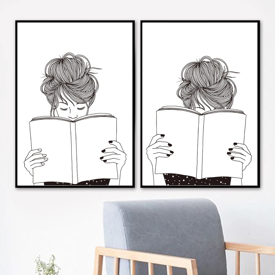 

Quiet Girl Book Black White Hand Painted Wall Art Canvas Painting Nordic Posters And Prints Wall Pictures For Living Room