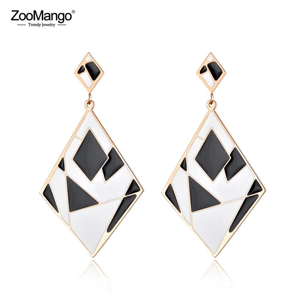 ZooMango OL стильные ювелирные изделия большие ромбовидные серьги черная и белая глазурь прострочка из нержавеющей стали розовое золото Гипербола серьги ZE18096