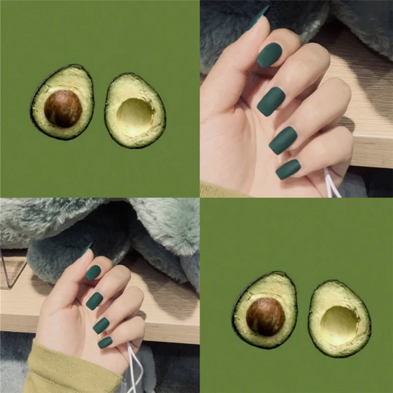 

24pcs Fake Nails Dark Green Matte Artificial French Multiple Colors Pointed Bridal False Nails Self-sticking Tips Sticker