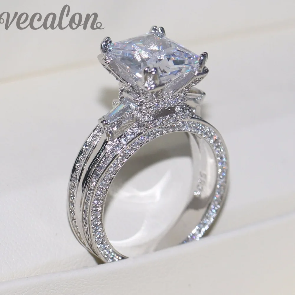 Vecalon Women Big Jewelry ring Princess Cut 10ct AAAAA Zircon stone 300pcs Cz 925 Sterling Silver Engagement Wedding Ring Gift
