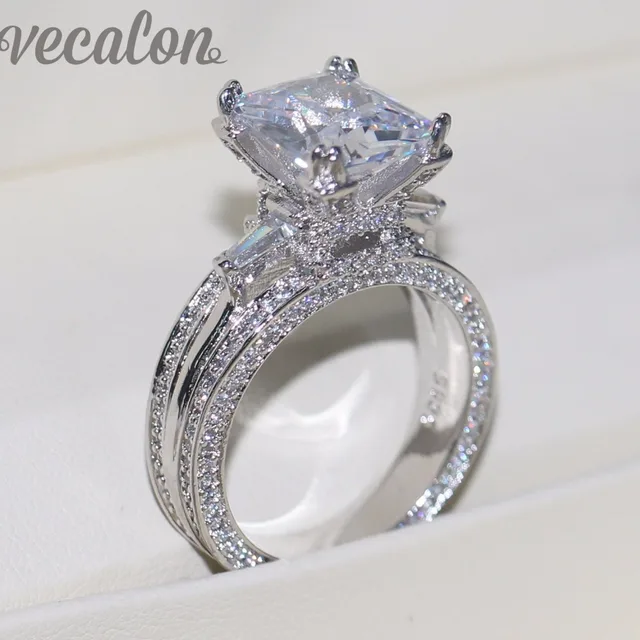 Vecalon Women Jewelry Ring Princess Cut 10ct Aaaaa Zircon Stone Vecalon Women Jewelry Ring Princess Cut 10ct Aaaaa Zircon Stone 300pcs Cz 925 Sterling Silver
