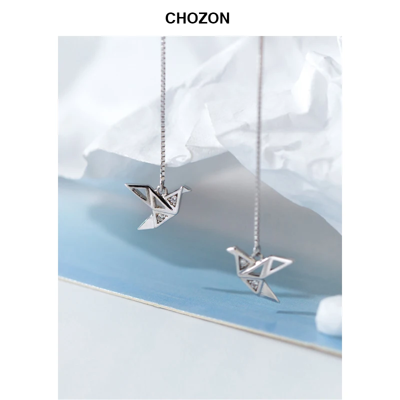 

S925 Silver drop earring female simple handmade origami crane long chain temperament earring jewelry for women