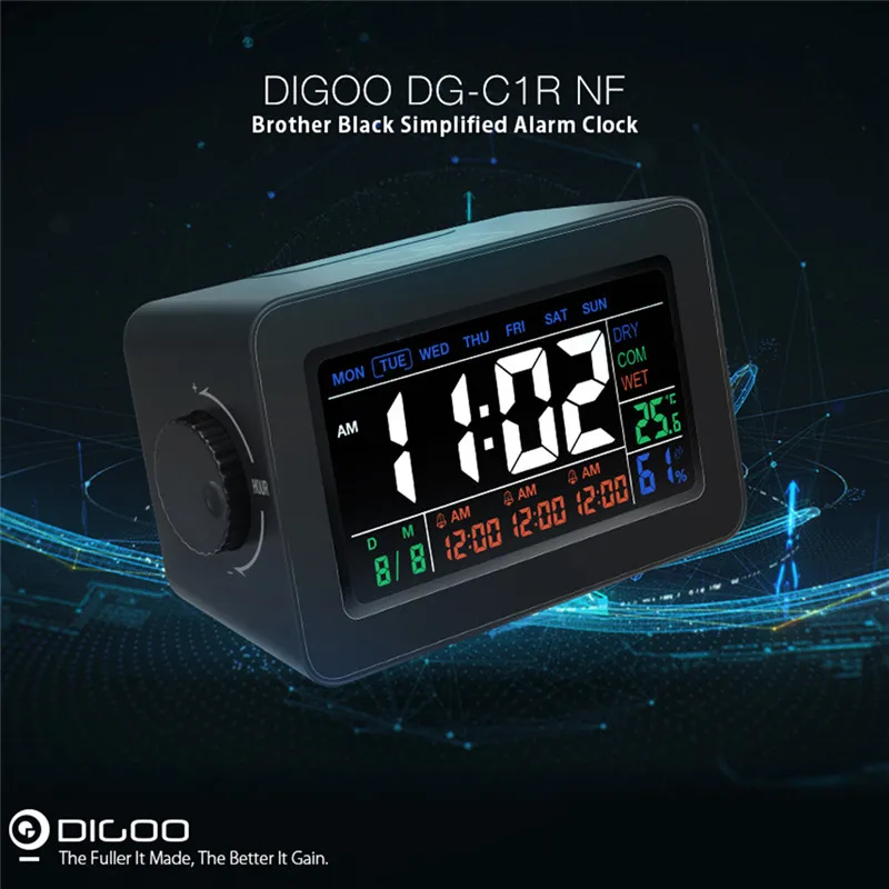 Digoo DG-C1R 2,0 NF черный упрощенный Будильник-Сенсорная подсветка с датой Дисплей температуры влажности для дома 2 типа